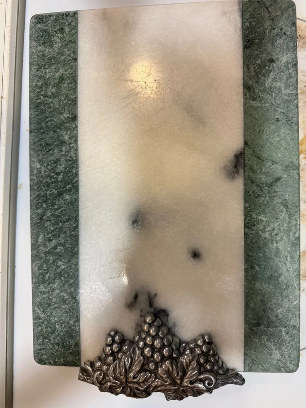 Arthur Court Green and White Marble Tray with Decorative Metal Grape Accent